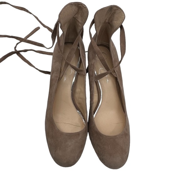 Jessica Simpson Venya Suede Totally Taupe Ankle Wrap Block Heels Size 9 Women's - Picture 5 of 10